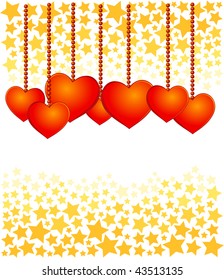 Vector background decorated with stars and red hearts hanging