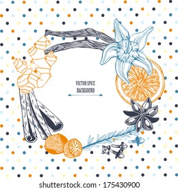 Vector background with decorative frame with hand drawn spices on spotted background. Decorative vintage background.
