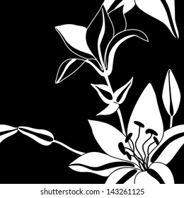 Vector background with decorative lily flowers silhouettes on blake background . Vector illustration.