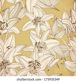 Vector background with decorative lily flowers silhouettes . Vector illustration.