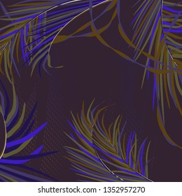 Vector background with decorative palm leaves in tropics on dark background of night sky. Bright trendy neon colors. For background design invitations, posters, cards, souvenirs.