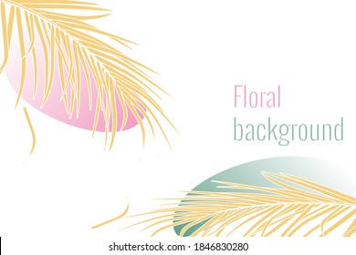 Fondo vectorial con hojas de palma decorativas en trópicos sobre fondo blanco y manchas de color. Luminosos colores dorados de lujo. Para decorar invitaciones de fondo, afiches, postales, recuerdos.