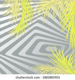 Vector background with decorative palm leaves in tropics against backdrop of labyrinth of stripes. Vibrant trendy yellow and gray luxury colors. For background decoration of invitations, posters, sale