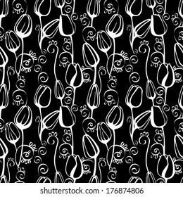 Vector background with decorative tulip flowers. Seamless pattern for invitation or greeting card isolated on white