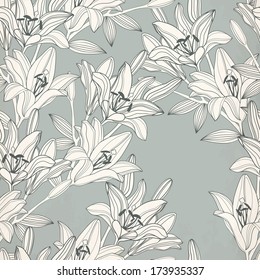 Vector background with decorative white lily flowers silhouettes. Vector illustration.