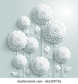 Vector background with decorative white round flowers and drops in 3D white style