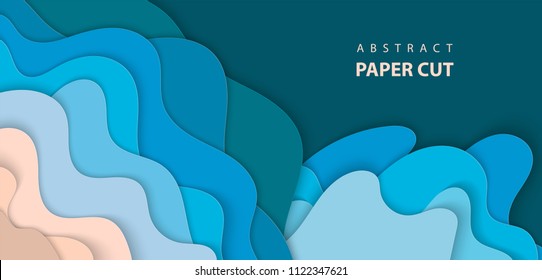 Vector background with deep blue and beige colors paper cut shapes. 3D abstract paper art style, design layout for business presentations, flyers, posters, prints, decoration, cards, brochure cover.