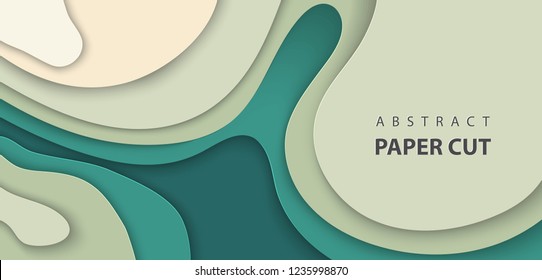 Vector background with deep green color paper cut waves shapes. 3D abstract paper art style, design layout for business presentations, flyers, posters, prints, decoration, cards, brochure cover.