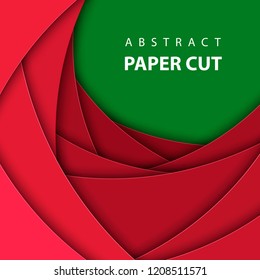 Vector background with deep red and green color paper cut shapes. 3D abstract Christmas paper art style, design layout for business presentations, flyers, posters, prints, decoration, cards, brochure.