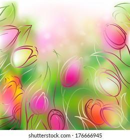 Vector background of delicate and colorful tulips