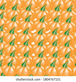 Vector background of delicate orange pumpkins. Orange pumpkins. Cheerful pumpkins with green tails. Made in flat technique. Doodle. Suitable for Halloween decoration, fabric, wallpaper and linen.