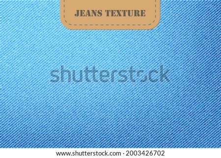 Vector background of denim blue jeans texture. Fashion light blue canvas material  wallpaper with leather label. Textile clothes surface pattern. Template for poster, banner, flyer. Illustration EPS10