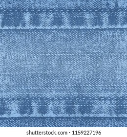 Vector background of denim fabric with seams. Blue bright jeans cloth. Old vintage backdrop with place for your text. Grunge texture in retro style. Horizontal orientation.