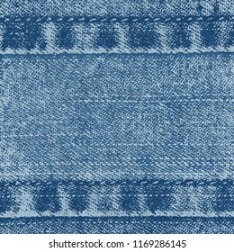 Vector background of denim fabric with seams. Blue bright jeans cloth. Old vintage backdrop with place for your text. Grunge texture in retro style. Square orientation.
