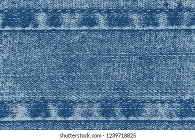 Vector background of denim fabric with seams. Blue jeans cloth. Old vintage backdrop with place for your text. Grunge texture in retro style. Horizontal orientation.