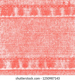Vector background of denim fabric with seams. Light red jeans cloth. Cheerful, bright, energetic color of Living Coral. Old vintage backdrop with place for your text. Grunge texture in retro style. 