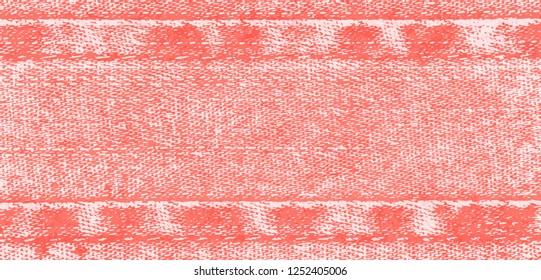 Vector background of denim fabric with seams. Light red jeans cloth. Cheerful, bright, energetic color of Living Coral. Old vintage backdrop with place for your text. Grunge texture in retro style. 