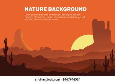Vector background of the desert, consisting of the sun, sand, mountains and cactus.