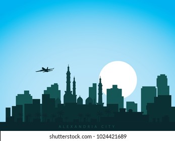 vector background design city skyline of alexandria egypt with airplane flying above the city and sun rise behind the city