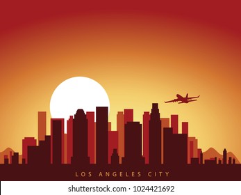 vector background design city skyline of los angeles in california america with airplane flying above the city and sun rise behind the city