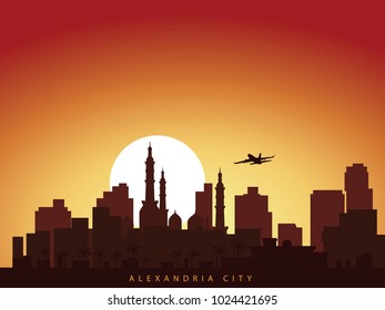 vector background design city skyline of alexandria egypt with airplane flying above the city and sun rise behind the city