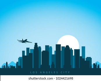 vector background design city skyline of los angeles in california america with airplane flying above the city and sun rise behind the city