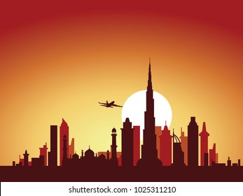 vector background design city skyline of dubai with airplane flying above the city and sun rise behind