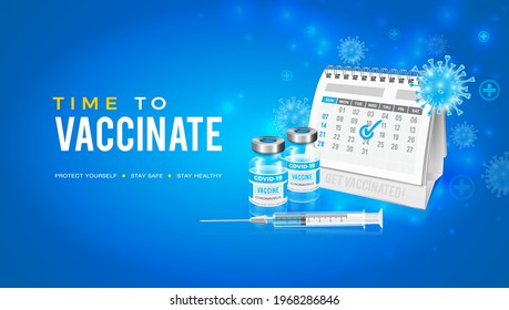 Vektorhintergrund-Design mit Koronavirus-Impfstoff. Ihr Impfkalender. Zeit, sich gegen das Covid-19-Coronavirus zu impfen.