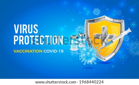 Vector background design with coronavirus vaccine. A protective shield created by vaccines against Covid-19. Antivirus protection.