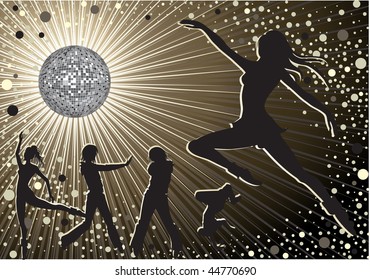 Vector background - design with dancing people, disco-ball and glitters
