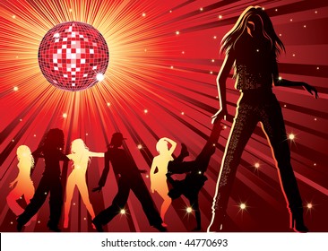 Vector background - design with dancing people, disco-ball and glitters