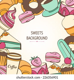 Vector background design with decorative sweet food and drinks illustration for card or invitation. 