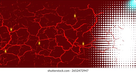 Projeto de fundo de vetor com rachaduras vermelhas brilhantes que lembram lava ou relâmpago, combinado com um efeito de meio-tom moderno no lado direito. 
