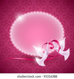 Vector background for design on the theme of love. Pigeons with a ribbon in the form of heart