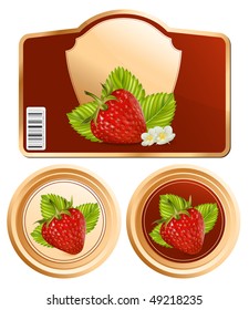 Vector. Background for design of packing jam jar with photo-realistic vector red strawberry.