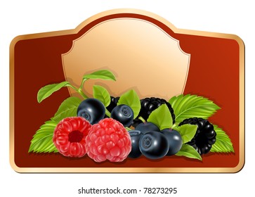 Vector. Background for design of packing jam jar with photo-realistic forest berries.