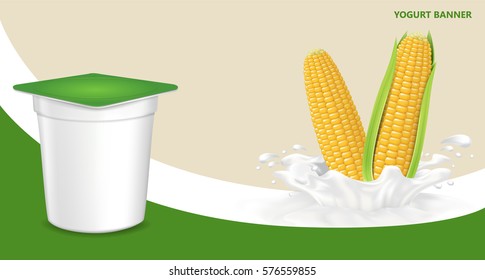 Vector. Background for design of packing yogurt with photo-realistic vector of Corn.