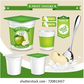 Vector. Background for design of packing yogurt with photo-realistic vector of apple.