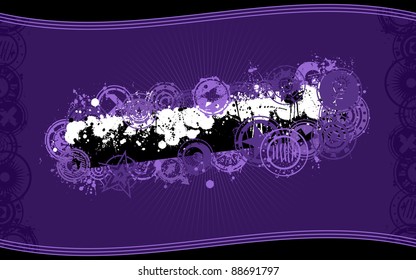 A vector background design in purple color scheme and standard wide-screen aspect ratio in grunge illustration style with a central splatter banner graphic and space for your copy.