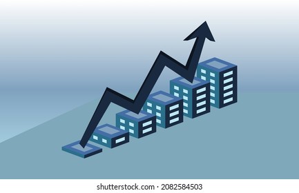 Vector background design with statistics bar graph and buildings.