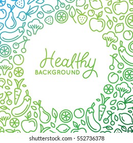 Vector background  design template in trendy linear style with copy space for text and fruit and vegetable icons - healthy store, vegan and natural food product concept