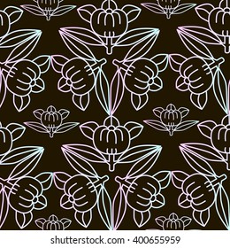 Vector background design templates and emblems in trendy linear style in pink and light blue  gradient colors on black background - floral and natural cosmetics concepts 