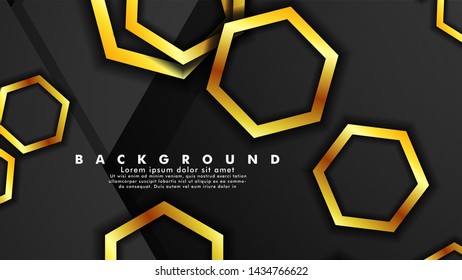 Vector background design that overlaps with hexagon gold color gradients on black space for text and background design