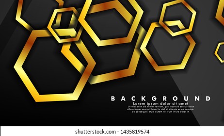 Vector background design that overlaps with hexagon gold color gradients on black space for text and background 