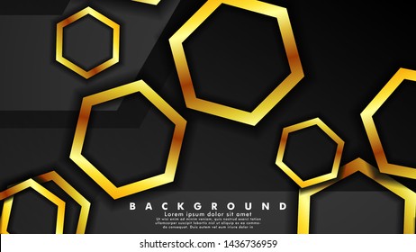 Vector background design that overlaps with hexagon gold color gradients on black space for text and background design