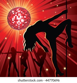 Vector background - design with woman stripping, disco-ball and glitters