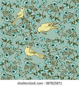 Vector background design yellow birds between the flowers