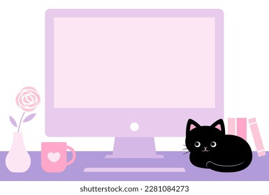 vector background with a desktop computer and a black cat sitting on the desk for banners, cards, flyers, social media wallpapers, etc.