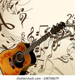 Vector background with detailed guitar and notes for design