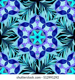 Vector background. Detailed ornament with blue and light green elements. Oriental mosaic.
Mandala style.Dark background.